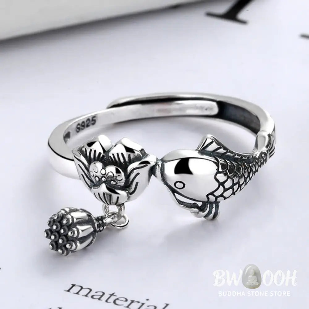 Buddha Stones 925 Sterling Silver Koi Fish Lotus Flower Success Ring - Koi Fish Lotus(Adjustable) - Ring
