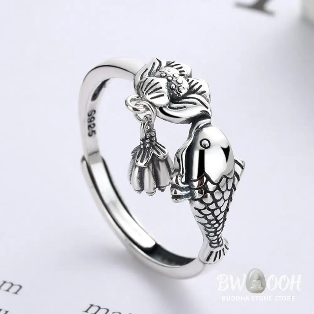 Buddha Stones 925 Sterling Silver Koi Fish Lotus Flower Success Ring - Koi Fish Lotus(Adjustable) - Ring