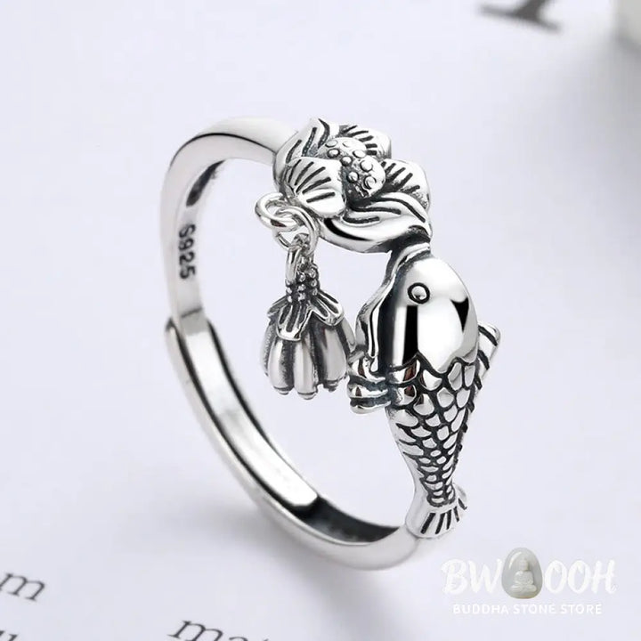 Buddha Stones 925 Sterling Silver Koi Fish Lotus Flower Success Ring - Koi Fish Lotus(Adjustable) - Ring