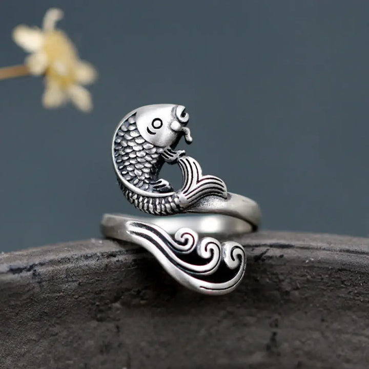 BWOOOH 925 Sterling Silver Koi Fish Water Ripple Luck Wealth Ring — Sterling Silver crystal healing bracelet for spiritual...