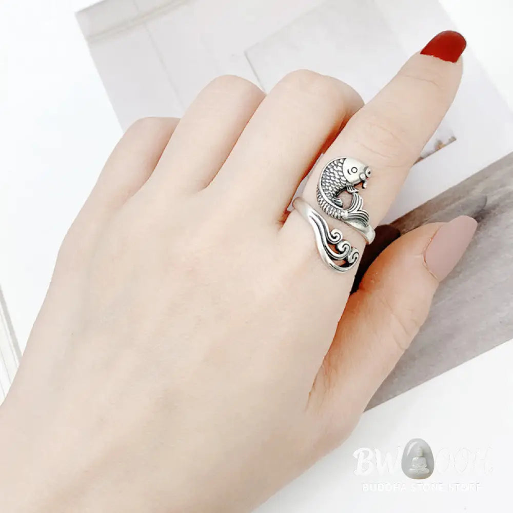 Buddha Stones 925 Sterling Silver Koi Fish Water Ripple Luck Wealth Ring - BWOOOH - Koi Fish(Luck♥Prosperity) - Ring