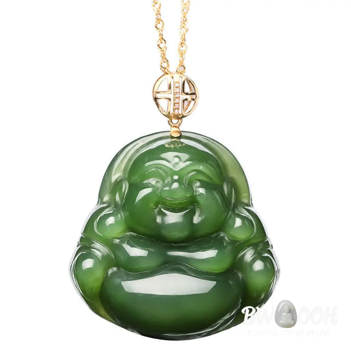 Buddha Stones 925 Sterling Silver Laughing Buddha Hetian Cyan Jade 18K Gold Success Necklace Chain Pendant - BWOOOH