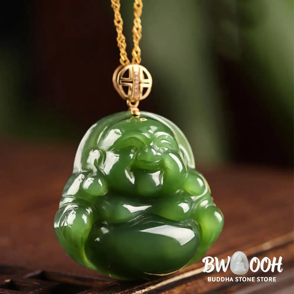 Buddha Stones 925 Sterling Silver Laughing Buddha Hetian Cyan Jade 18K Gold Success Necklace Chain Pendant - BWOOOH