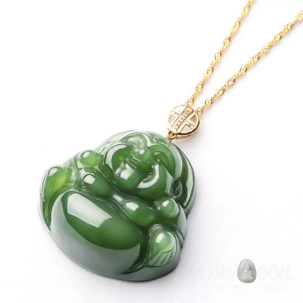 Buddha Stones 925 Sterling Silver Laughing Buddha Hetian Cyan Jade 18K Gold Success Necklace Chain Pendant - BWOOOH