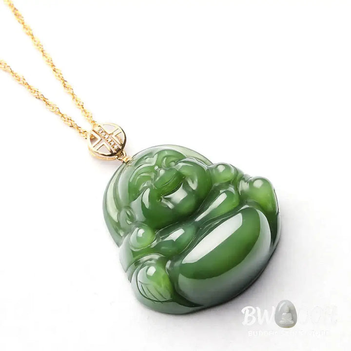 Buddha Stones 925 Sterling Silver Laughing Buddha Hetian Cyan Jade 18K Gold Success Necklace Chain Pendant - BWOOOH