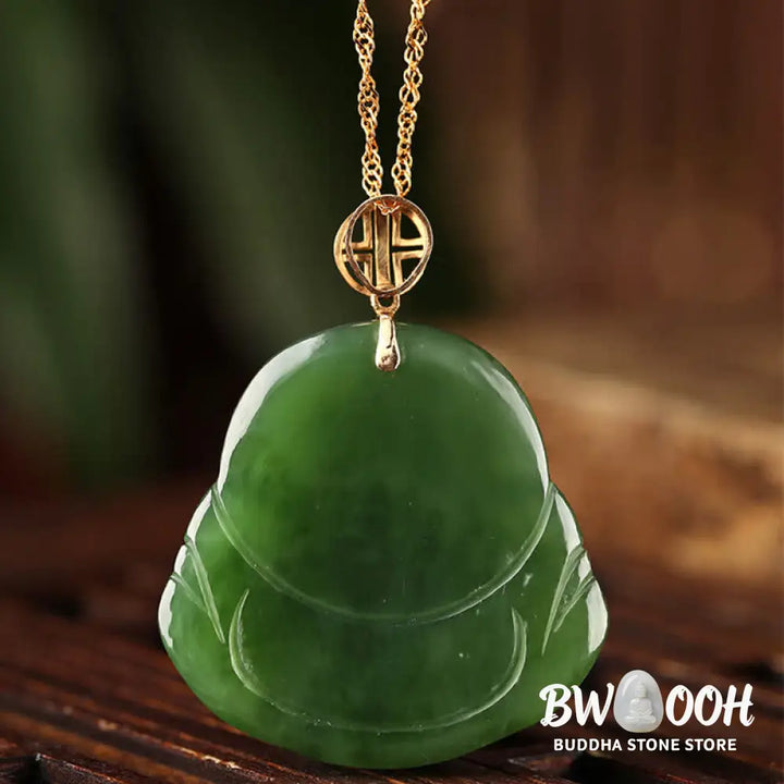Buddha Stones 925 Sterling Silver Laughing Buddha Hetian Cyan Jade 18K Gold Success Necklace Chain Pendant - BWOOOH
