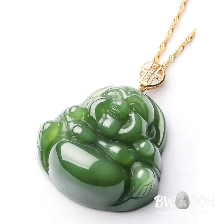 Buddha Stones 925 Sterling Silver Laughing Buddha Hetian Cyan Jade 18K Gold Success Necklace Chain Pendant - BWOOOH