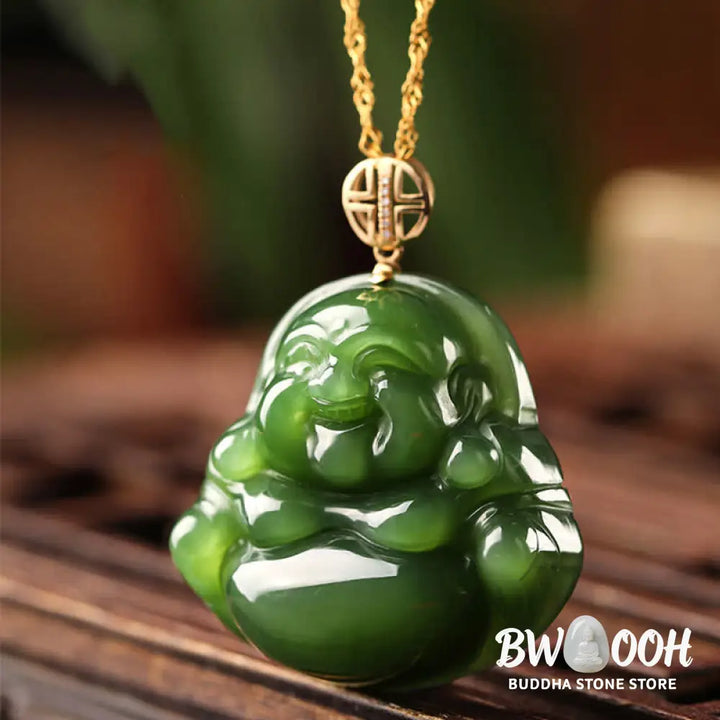Buddha Stones 925 Sterling Silver Laughing Buddha Hetian Cyan Jade 18K Gold Success Necklace Chain Pendant - BWOOOH