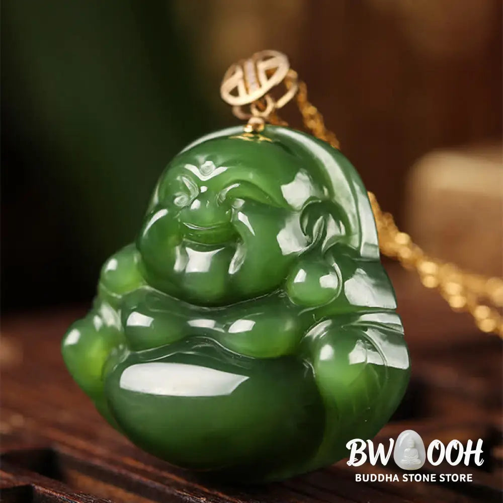Buddha Stones 925 Sterling Silver Laughing Buddha Hetian Cyan Jade 18K Gold Success Necklace Chain Pendant - BWOOOH