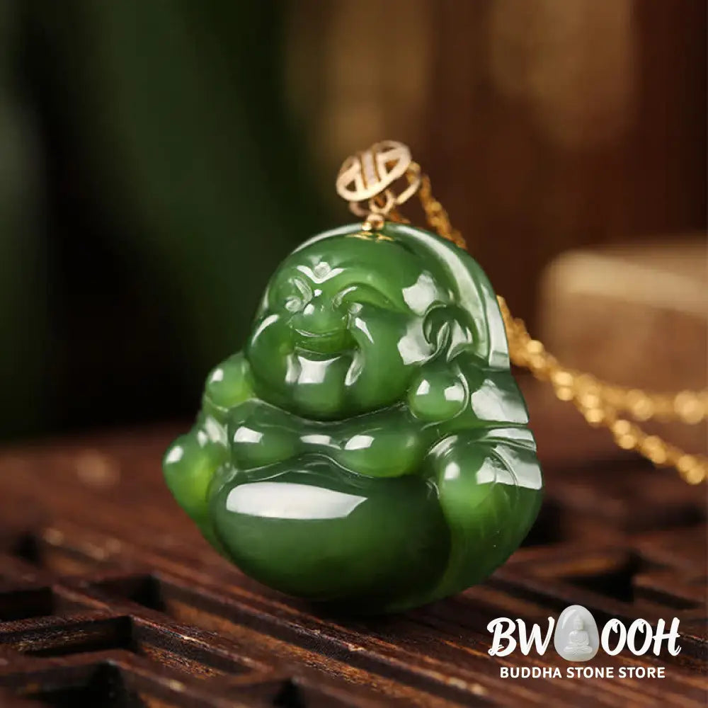 Buddha Stones 925 Sterling Silver Laughing Buddha Hetian Cyan Jade 18K Gold Success Necklace Chain Pendant - BWOOOH