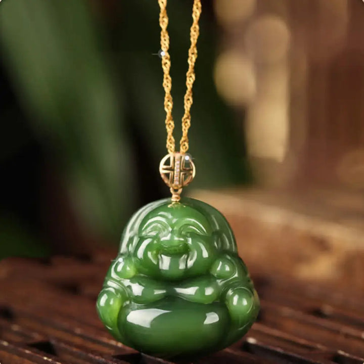 BWOOOH 925 Sterling Silver Laughing Buddha Hetian Cyan Jade 18K Gold Success Necklace Chain Pendant - BWOOOH spiritual jewelry piece
