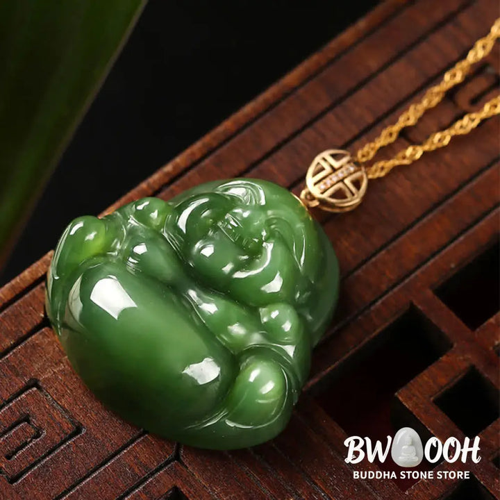 Buddha Stones 925 Sterling Silver Laughing Buddha Hetian Cyan Jade 18K Gold Success Necklace Chain Pendant - BWOOOH