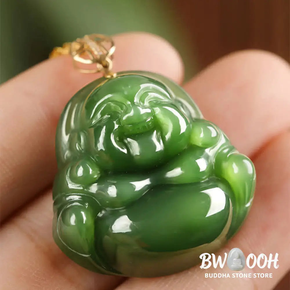 Buddha Stones 925 Sterling Silver Laughing Buddha Hetian Cyan Jade 18K Gold Success Necklace Chain Pendant - BWOOOH