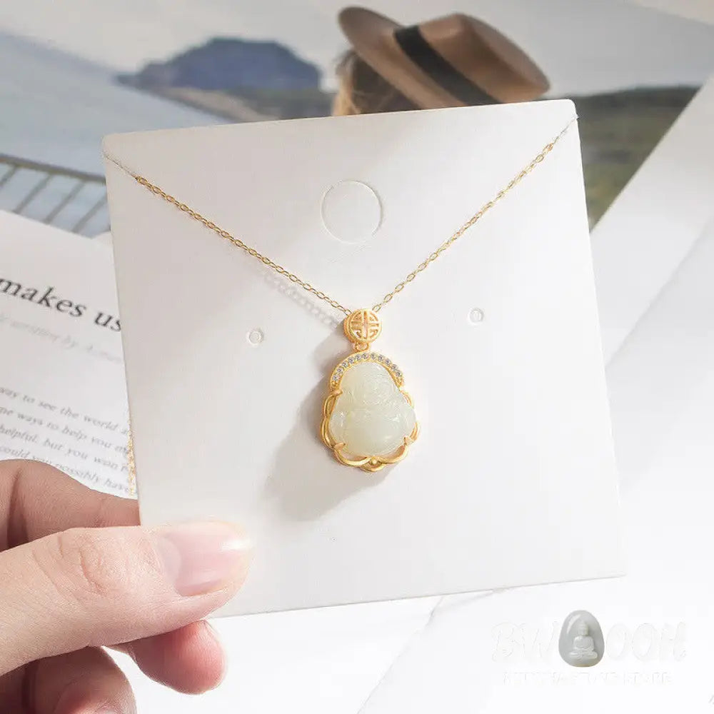 Buddha Stones 925 Sterling Silver Laughing Buddha Hetian White Jade Protection Necklace Pendant - BWOOOH - Hetian White