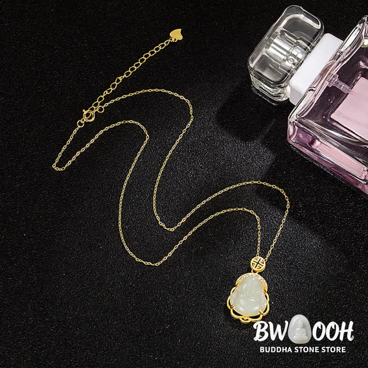 Buddha Stones 925 Sterling Silver Laughing Buddha Hetian White Jade Protection Necklace Pendant - BWOOOH - Hetian White