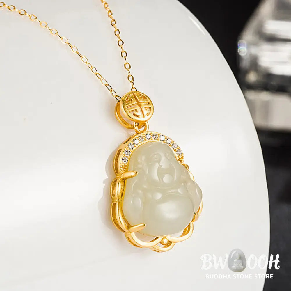 Buddha Stones 925 Sterling Silver Laughing Buddha Hetian White Jade Protection Necklace Pendant - BWOOOH - Hetian White