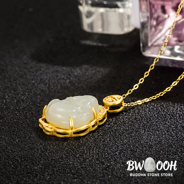 Buddha Stones 925 Sterling Silver Laughing Buddha Hetian White Jade Protection Necklace Pendant - BWOOOH - Hetian White