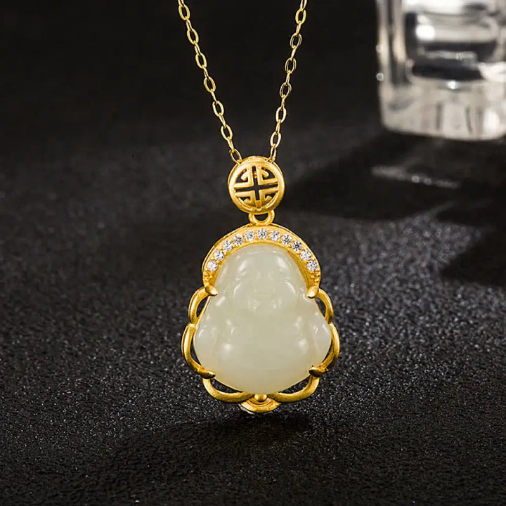 BWOOOH 925 Sterling Silver Laughing Buddha Hetian White Jade Protection Necklace Pendant 45cm