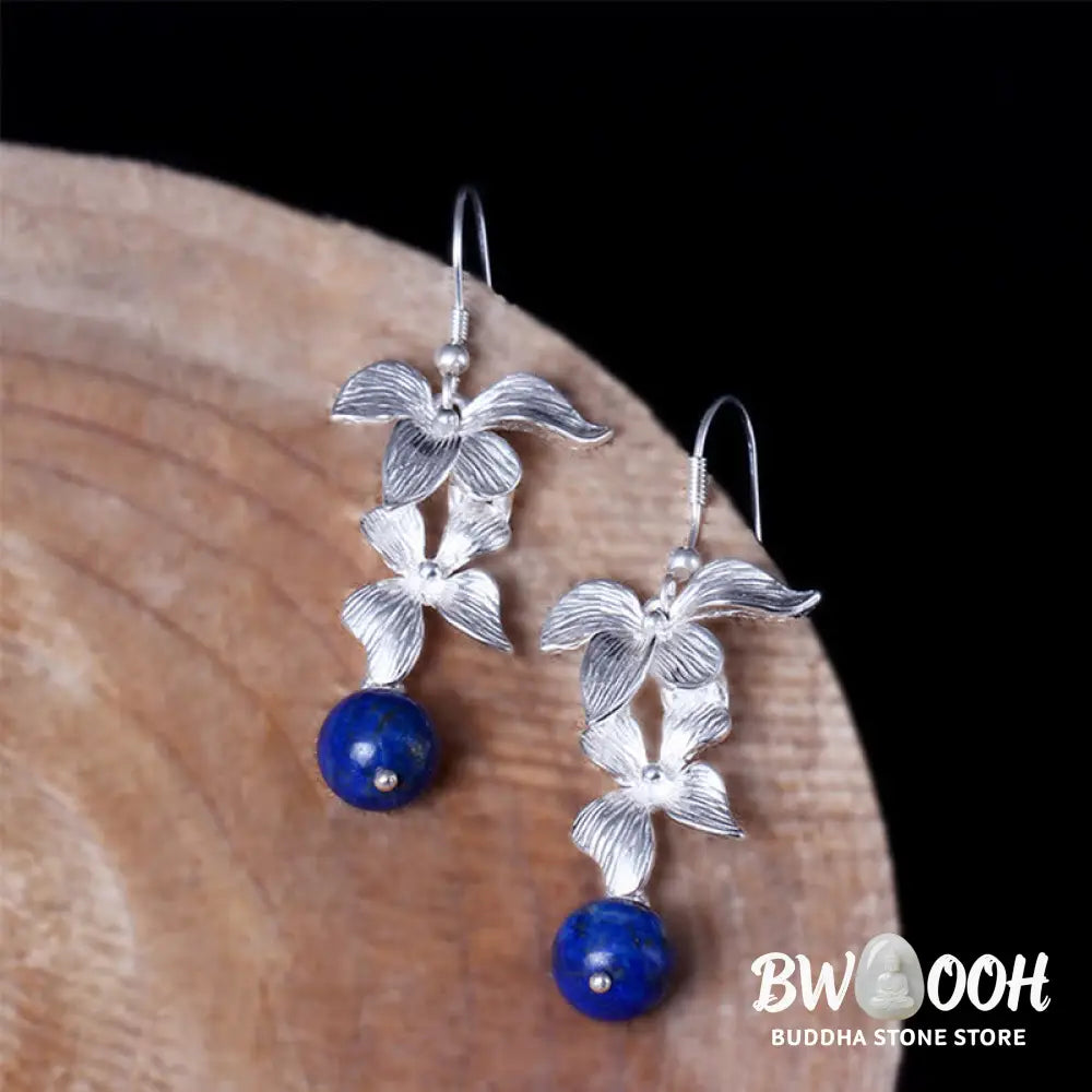 Buddha Stones 925 Sterling Silver Lazurite Ethnic Style Flower Positive Drop Earrings - 925 Sterling Silver - Earrings
