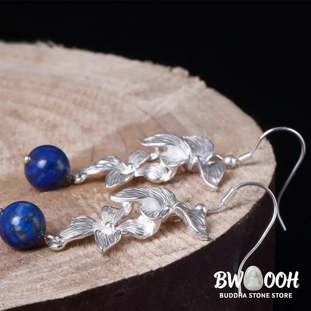 Buddha Stones 925 Sterling Silver Lazurite Ethnic Style Flower Positive Drop Earrings - 925 Sterling Silver - Earrings