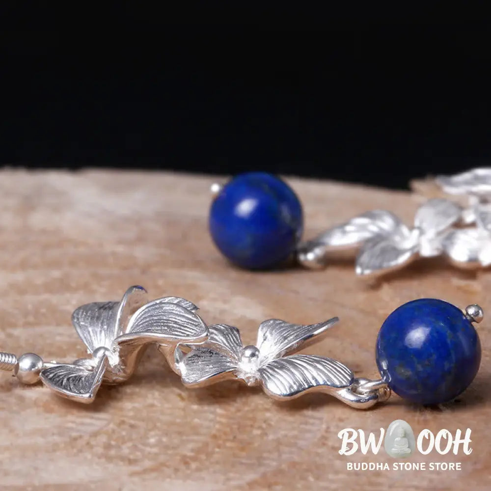 Buddha Stones 925 Sterling Silver Lazurite Ethnic Style Flower Positive Drop Earrings - 925 Sterling Silver - Earrings