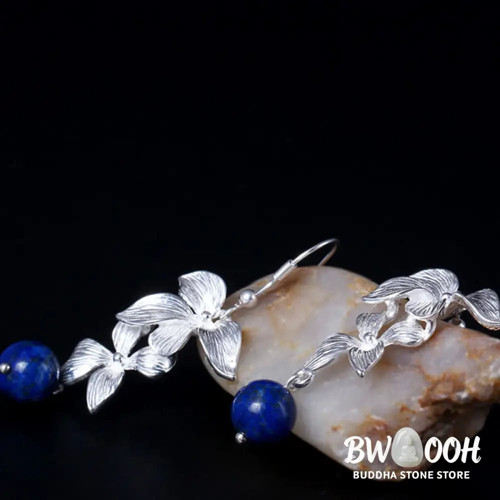 Buddha Stones 925 Sterling Silver Lazurite Ethnic Style Flower Positive Drop Earrings - 925 Sterling Silver - Earrings