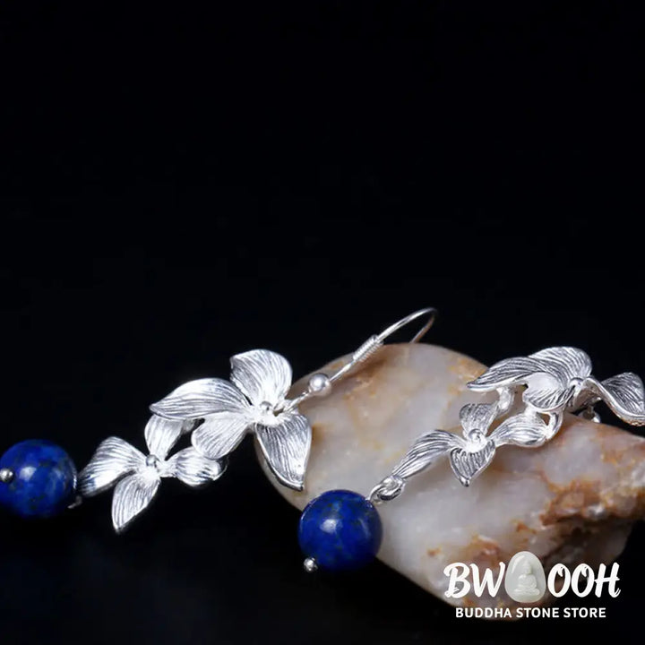 Buddha Stones 925 Sterling Silver Lazurite Ethnic Style Flower Positive Drop Earrings - 925 Sterling Silver - Earrings