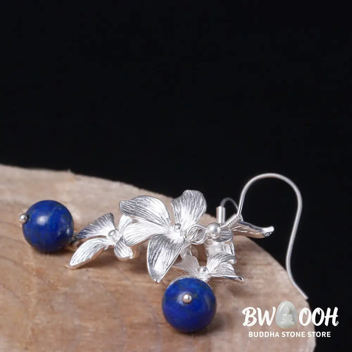 Buddha Stones 925 Sterling Silver Lazurite Ethnic Style Flower Positive Drop Earrings - 925 Sterling Silver - Earrings