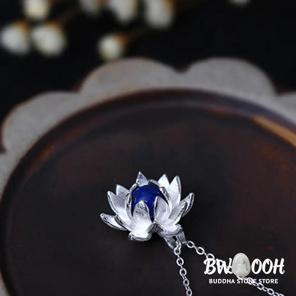 Buddha Stones 925 Sterling Silver Lazurite Lotus Flower Self Care Necklace Pendant - BWOOOH - 925 Sterling