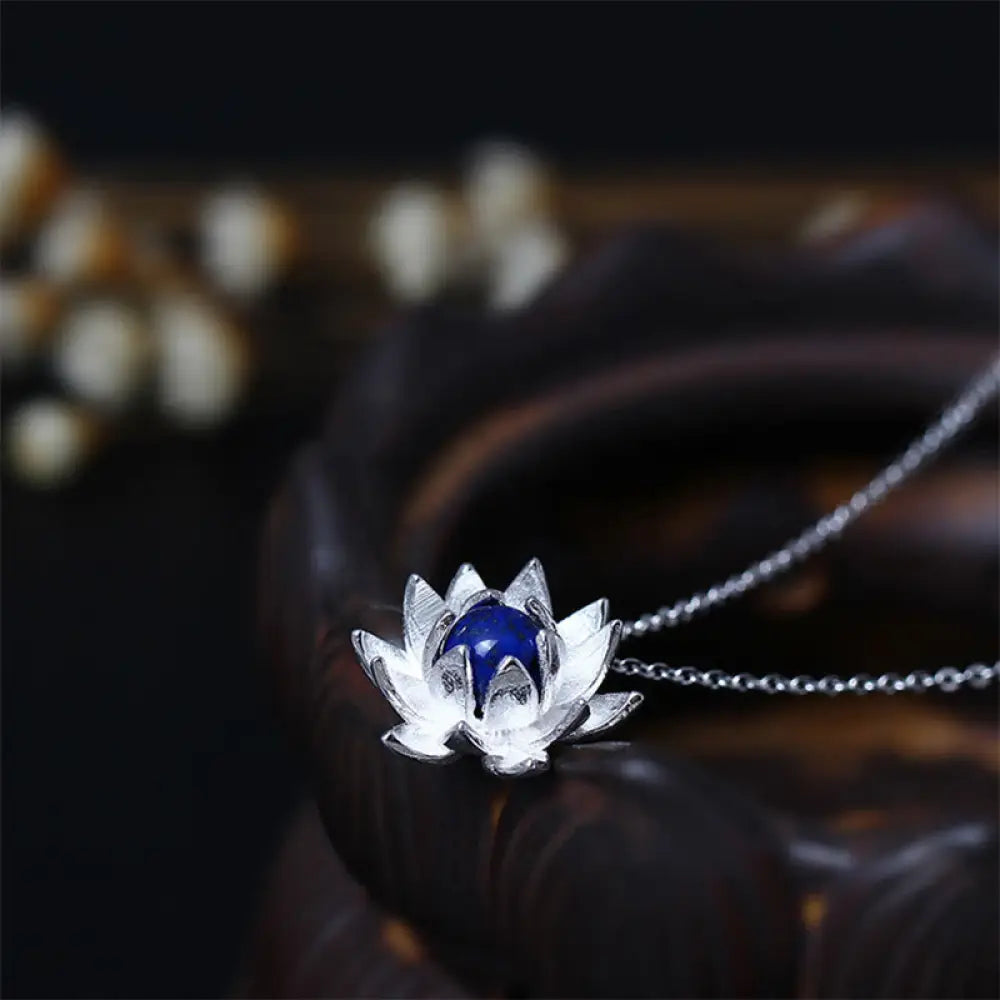 BWOOOH 925 sterling silver lazurite lapis lazuli lotus flower self care necklace pendant
