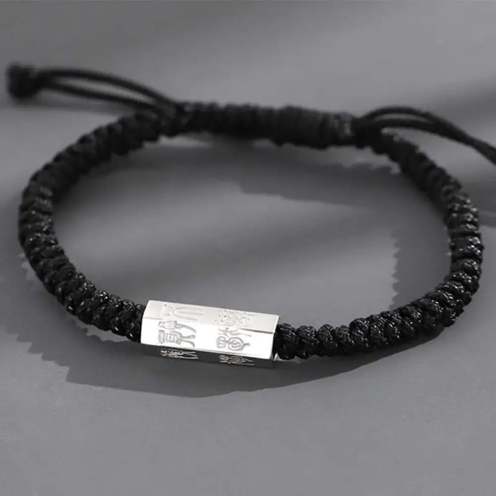 Buddha Stones 925 Sterling Silver Letter Engraving Blessing String Bracelet - BWOOOH - Black(Bracelet Size 18-24cm)