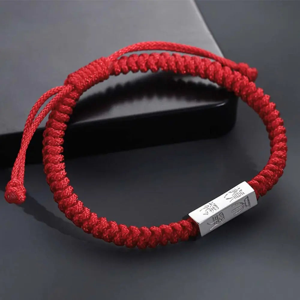 Buddha Stones 925 Sterling Silver Letter Engraving Blessing String Bracelet - BWOOOH - Red(Bracelet Size 18-24cm)