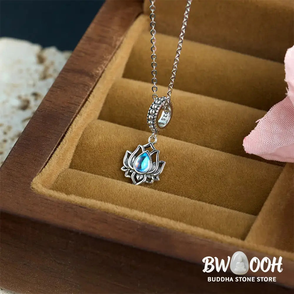 Buddha Stones 925 Sterling Silver Lotus Design Moonstone Healing Necklace Pendant - BWOOOH - Moonstone - Necklaces &amp;