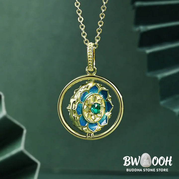 Buddha Stones 925 Sterling Silver Lotus Flower Floral Zircon Enlightenment Rotatable Necklace Pendant - BWOOOH