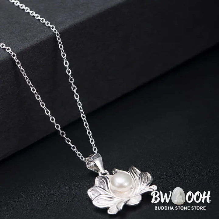 Buddha Stones 925 Sterling Silver Lotus Flower Pearl Wealth Necklace Pendant - BWOOOH - Pearl (Happiness ♥ Calm)