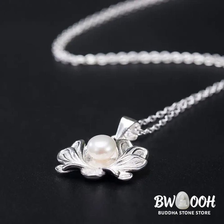 Buddha Stones 925 Sterling Silver Lotus Flower Pearl Wealth Necklace Pendant - BWOOOH - Pearl (Happiness ♥ Calm)