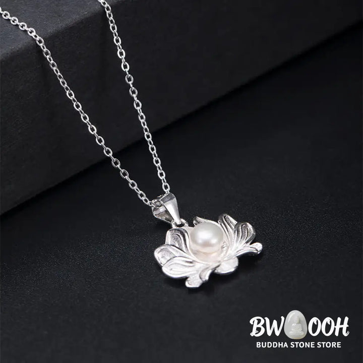 Buddha Stones 925 Sterling Silver Lotus Flower Pearl Wealth Necklace Pendant - BWOOOH - Pearl (Happiness ♥ Calm)