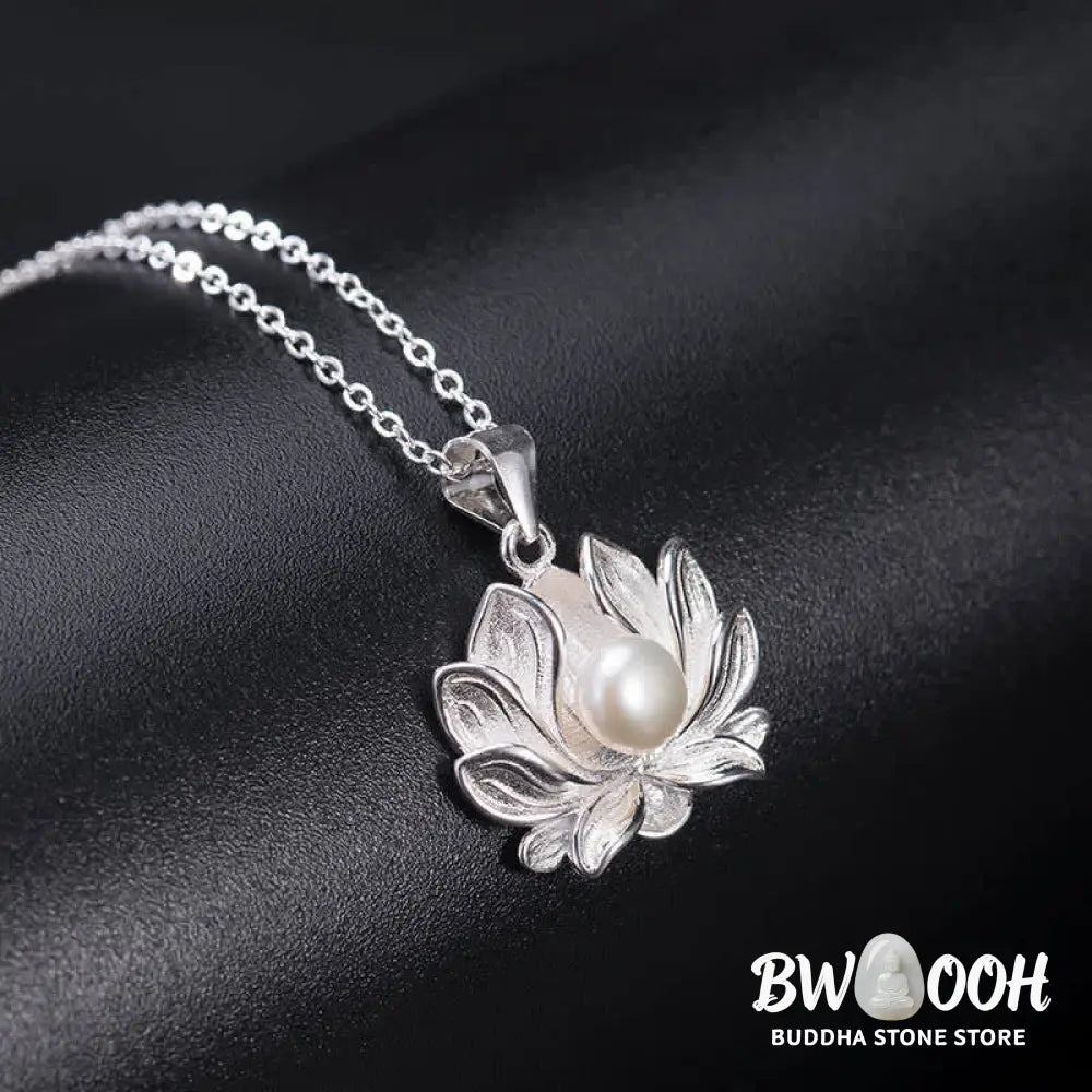 Buddha Stones 925 Sterling Silver Lotus Flower Pearl Wealth Necklace Pendant - BWOOOH - Pearl (Happiness ♥ Calm)