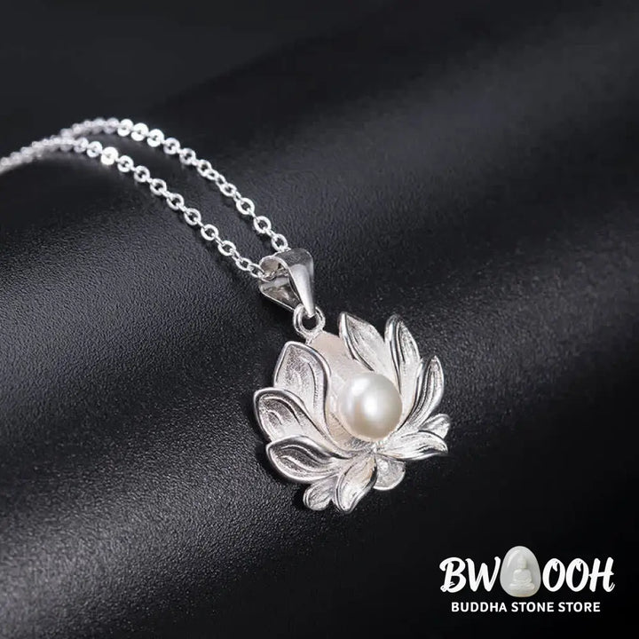 Buddha Stones 925 Sterling Silver Lotus Flower Pearl Wealth Necklace Pendant - BWOOOH - Pearl (Happiness ♥ Calm)