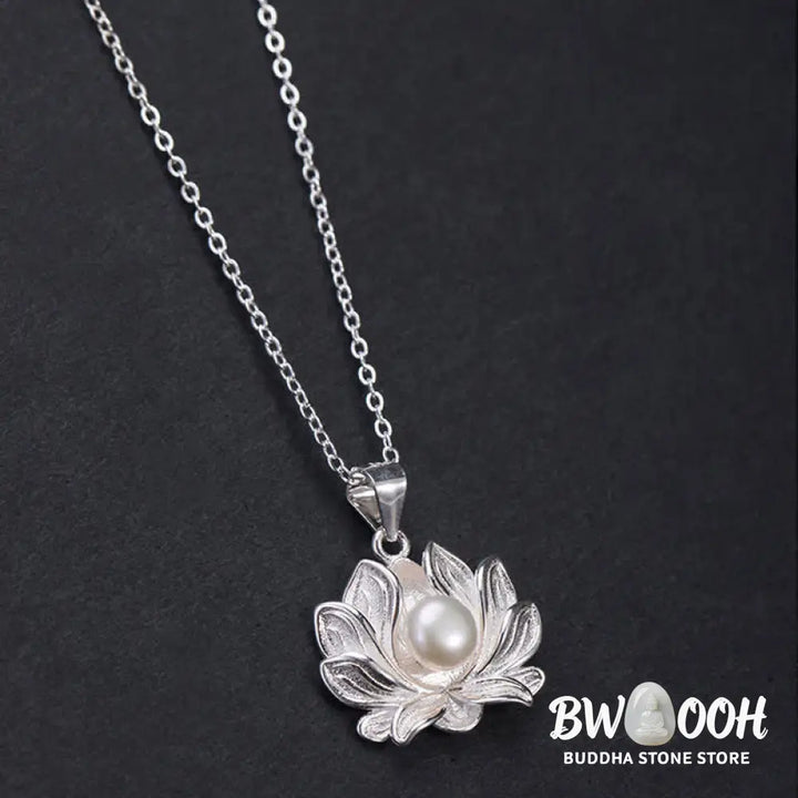Buddha Stones 925 Sterling Silver Lotus Flower Pearl Wealth Necklace Pendant - BWOOOH - Pearl (Happiness ♥ Calm)