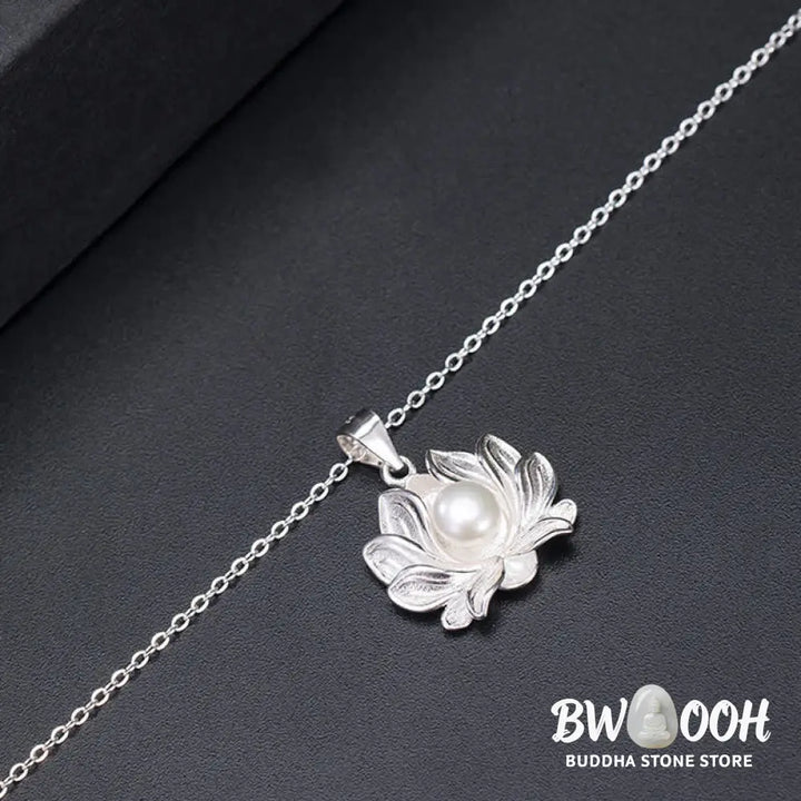 Buddha Stones 925 Sterling Silver Lotus Flower Pearl Wealth Necklace Pendant - BWOOOH - Pearl (Happiness ♥ Calm)