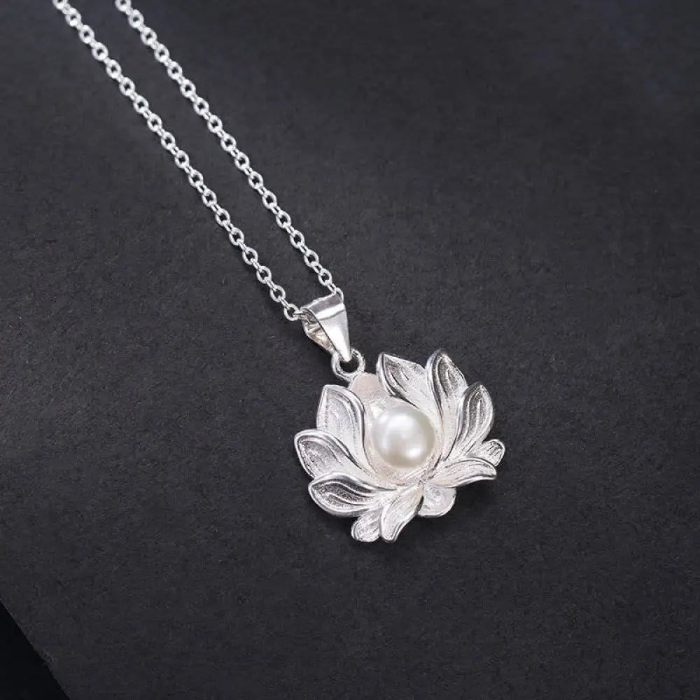 BWOOOH 925 Sterling Silver Lotus Flower Pearl Wealth Necklace Pendant — genuine sterling silver lotus with 6mm freshwater pearl for happiness, calm and new beginnings