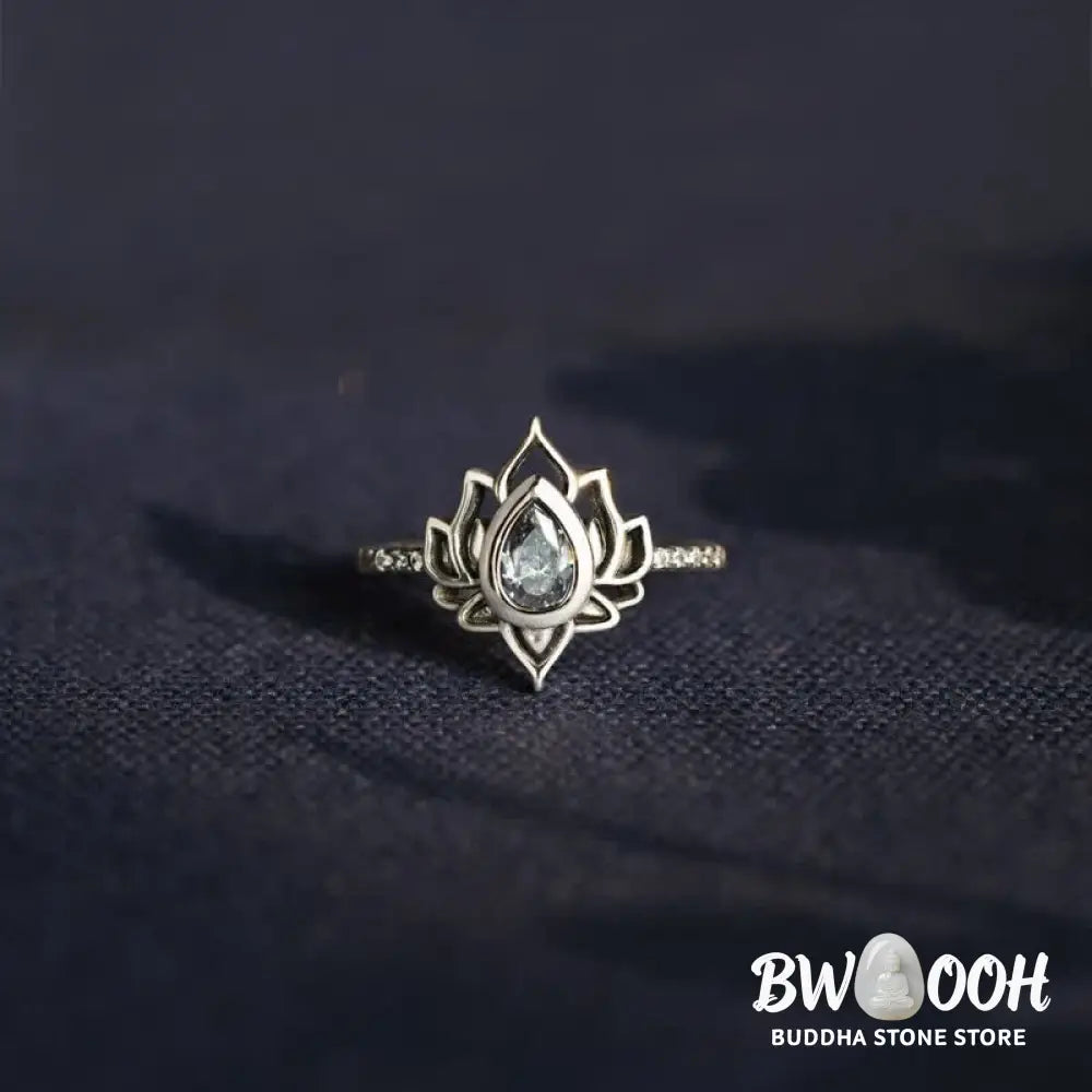 Buddha Stones 925 Sterling Silver Lotus Zircon Blessing Protection Ring - BWOOOH - Ring
