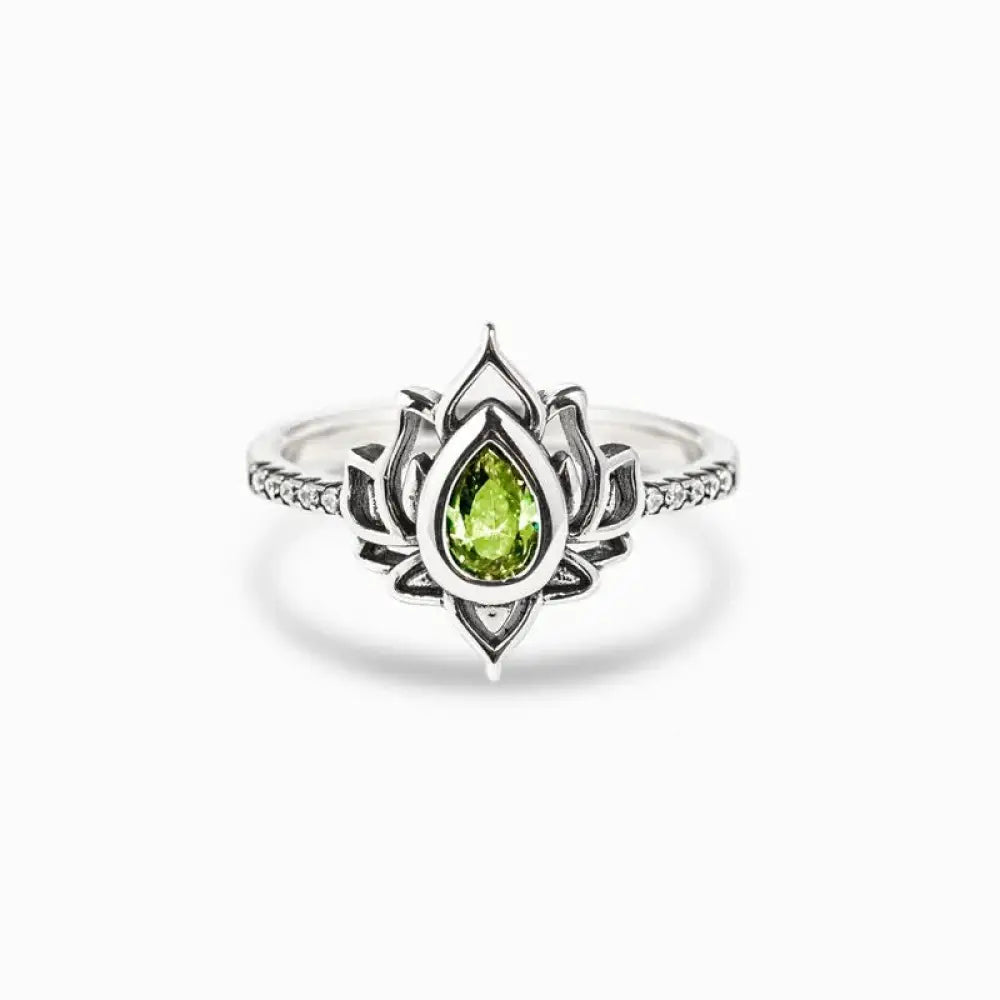 Buddha Stones 925 Sterling Silver Lotus Zircon Blessing Protection Ring - BWOOOH - Green / US5 - Ring
