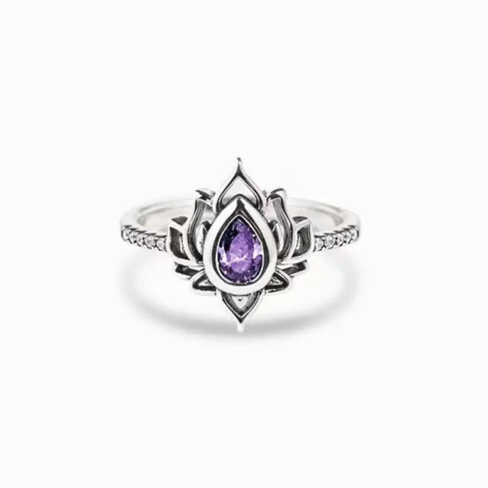 Buddha Stones 925 Sterling Silver Lotus Zircon Blessing Protection Ring - BWOOOH - Purple / US5 - Ring