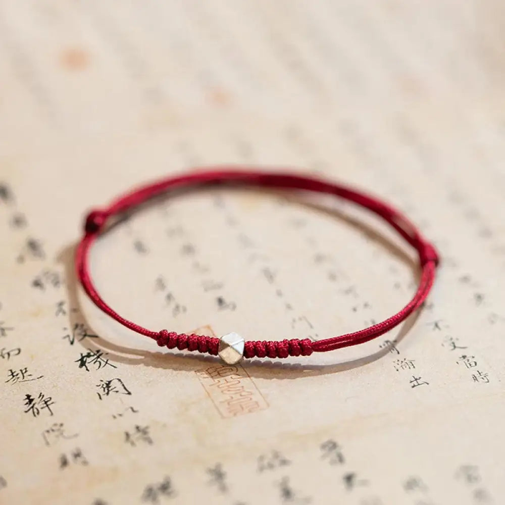 Buddha Stones 925 Sterling Silver Luck Bead Protection Red String Braided Bracelet - BWOOOH - Square Bead / Dark