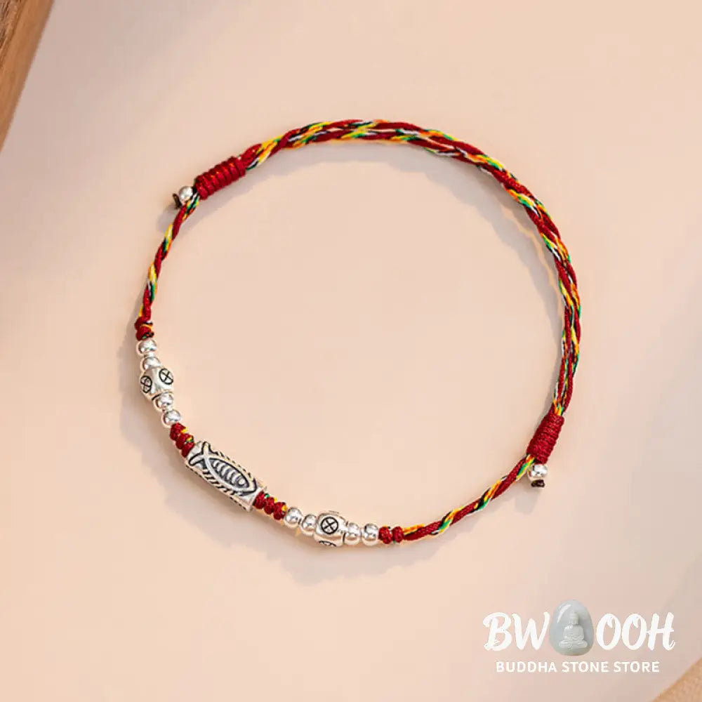 Buddha Stones 925 Sterling Silver Luck Koi Fish Braided Colorful String Bracelet Anklet - BWOOOH - Bracelet