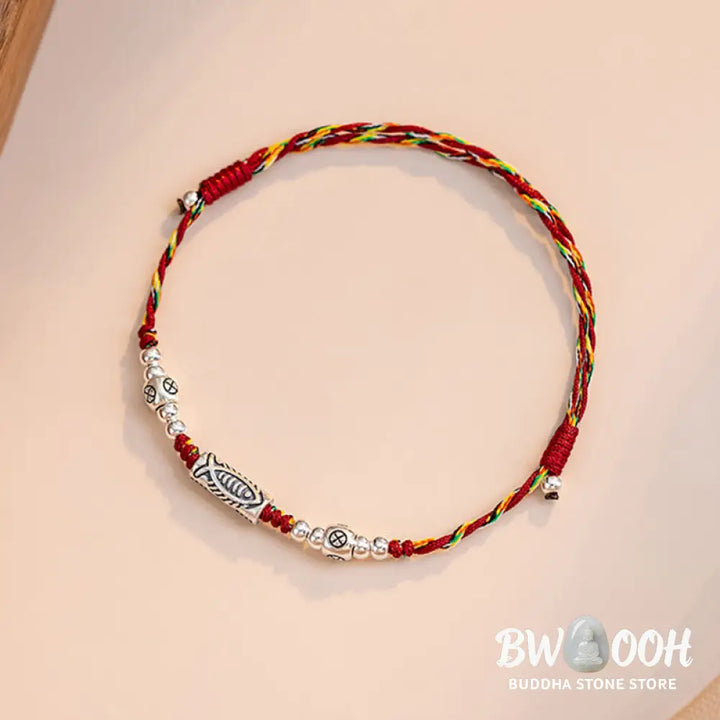 Buddha Stones 925 Sterling Silver Luck Koi Fish Braided Colorful String Bracelet Anklet - BWOOOH - Bracelet