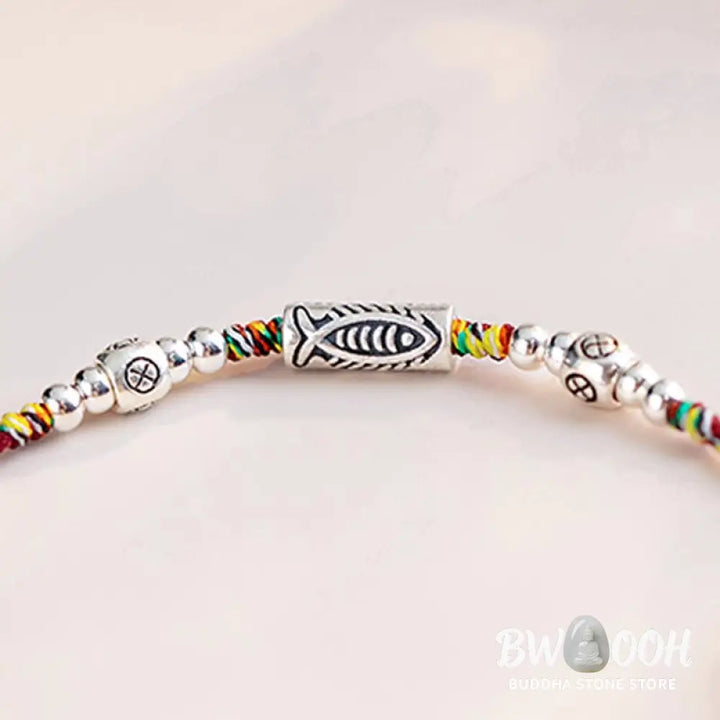 Buddha Stones 925 Sterling Silver Luck Koi Fish Braided Colorful String Bracelet Anklet - BWOOOH - Bracelet