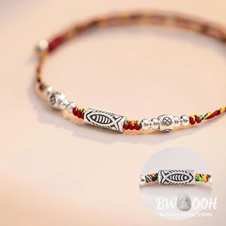 Buddha Stones 925 Sterling Silver Luck Koi Fish Braided Colorful String Bracelet Anklet - BWOOOH - Bracelet